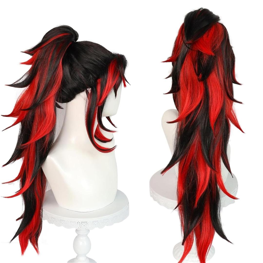 Tsugikuni Yoriichi Wig for Demon Slayer Kokushibou Cosplay Long Red Wavy Wig Men Black Male Curly Wig Negro Peluca Larga Roja Synthetic Wig for Anime Halloween Costume Party + Wig Cap