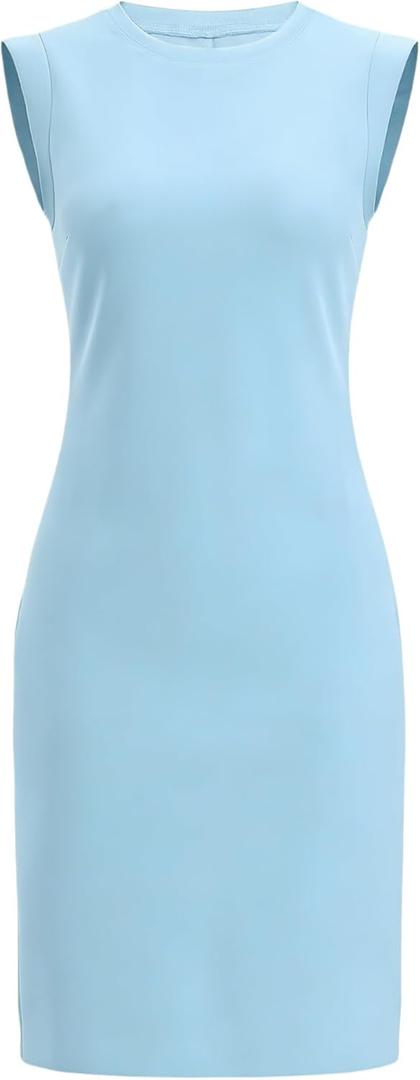 Allegra K Cap Sleeve Work Dress for Women's Summer Midi Round Neck Casual Split Hem Dresses (Blue), 