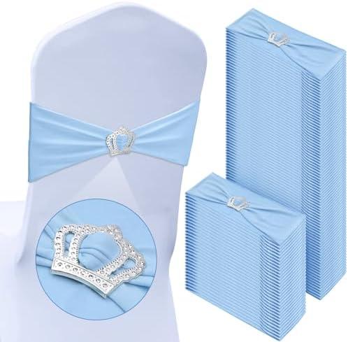100 Pcs Spandex Chair Sashes with Crown Buckle Slider Stretch Chair Bands Cover Ties for Wedding, Banquet, Gala, Corporate Event, Birthday Party, Baby Shower(Sky Blue)