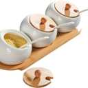 Ceramic Seasoning Container Spice Jar, Home Kitchen Seasoning Box Food Storage Container with Bamboo Lid and Bamboo Tray, Ceramic Spoon 200 ml (7 oz), Set of 3 Bottles, Suitable for Kitchen