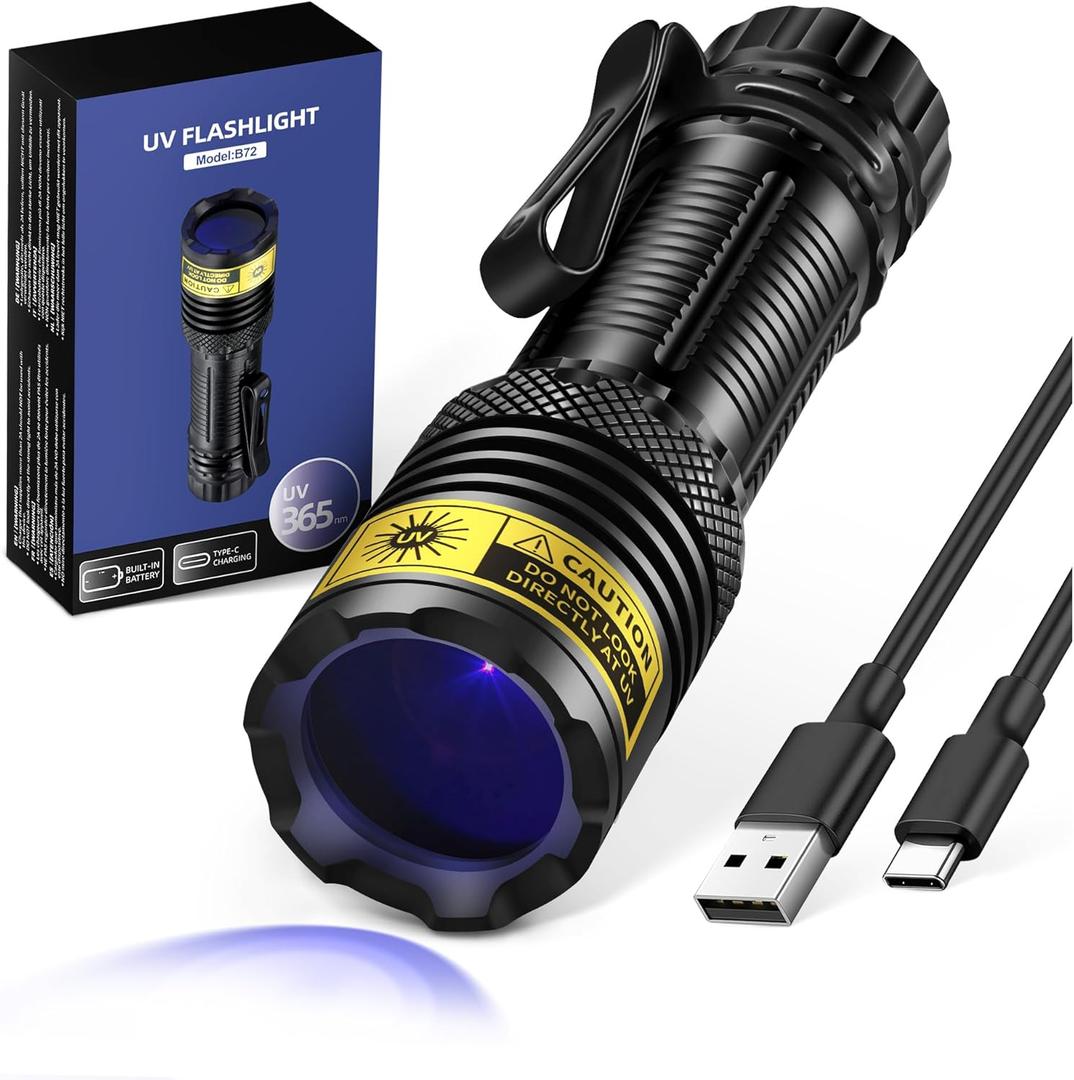 UV Flashlight B72 USB Rechargeable 365nm Mini Blacklight, Wood's Lamp Portable Handheld Powerful LED UV Blacklight for Pet Urine,Rocks, Resin Curing