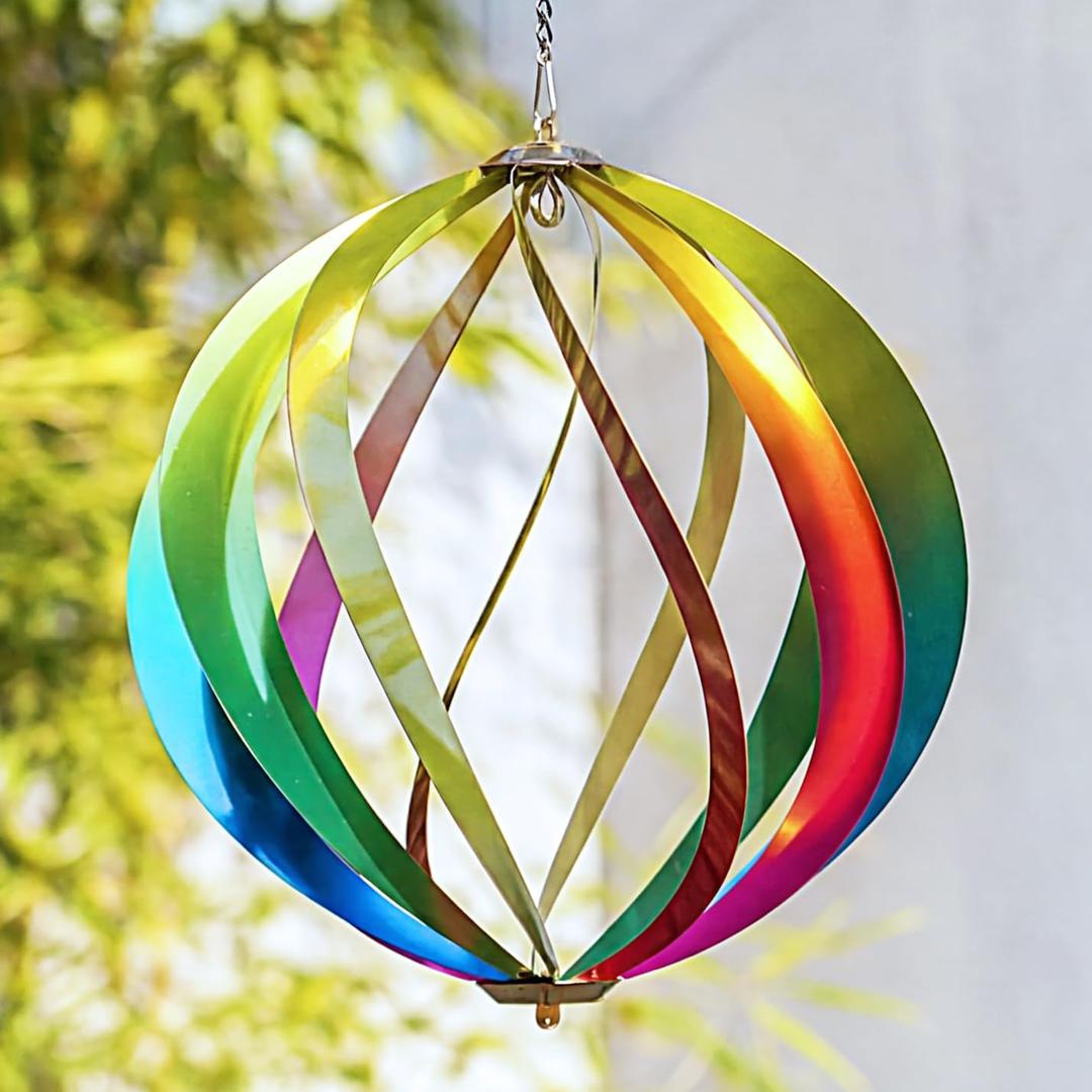 Hanging Wind Spinners Outdoor Gifts for Mom - Assembly Improved Garden & Yard Wind Spinners, 3D Metal Ball with Dual Hooks for DIY Accessories, Weatherproof Rust-Resistant(Rainbow, 12 Inch)
