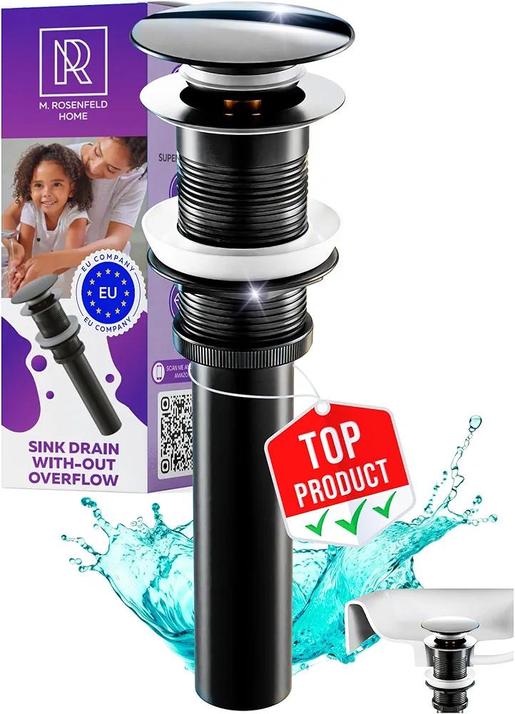Matte Black Sink Drain Without Overflow - 1.6"- 1.9" Universal Black Pop Up Drain - Black Drain for Sink Without Overflow All Metal Rustproof Brass and 304 Stainless Steel - Push Button Sink Drain