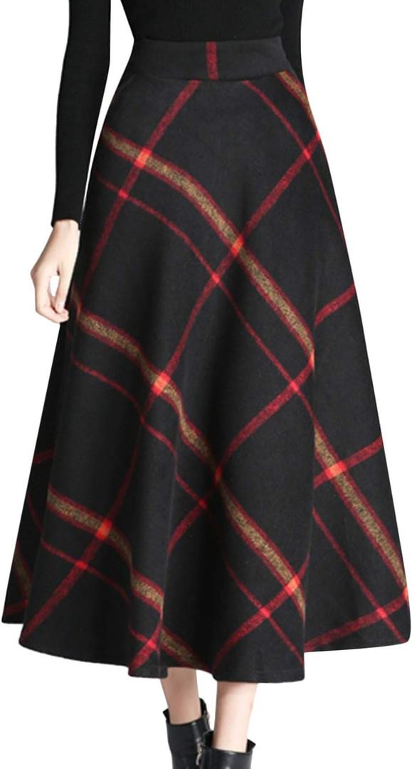 Tanming Women's Winter Warm Elastic Waist Wool Plaid A-Line Pleated Long Skirt XL