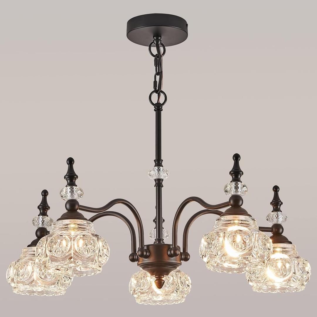 Vintage 5-Light Chandelier Black Kitchen Pendant Light Fixtures Finish with Crystal Glass Shade for Living Room Dining Room Bedroom Chandelier Over Table