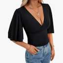 LYANER Women's V Neck Wrap Dressy Tops for Women Elegant Ruffle Short Sleeve Business Casual Blouse, Black, Mediu