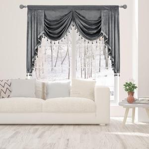 Grey Velvet Window Valances for Living Room Bedroom - Rod Pocket Waterfall Tassels Valance for Window (1 Panel, Grey, W59 inch)