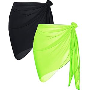 1 Pieces Sarong Cover Ups for Women Beach Bathing Suit Wrap Sheer Short Skirt Bikini Chiffon Scarf for Swimwear (Fluorescent Green & Black)