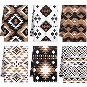 Breling Set of 6 Western Aztec Kitchen Towels Vintage Themed Dish Towel Bathroom Decorative Rustic Cloths for Kitchen Bathroom Home Cooking Housewarming Gifts, 14 x 21 Inch (Black, Brown)