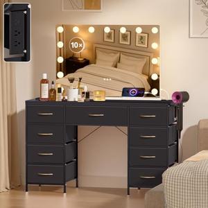 COMHOMA Vanity Desk with Large Mirror,15 LED Bulbs and Power Outlet,Makeup Table with 9 Storage Drawers and HD Mirrors,3 Color Modes Adjustable Lighting for Bedroom Dressing Room (Black, 35inch)