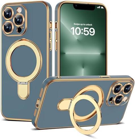 ETPESOK Compatible with iPhone 13 Pro Case with Magnetic Ring Stand [Compatible with Mag-Safe] [Full Camera Lens Protector] Soft Plating Phone Case for iPhone 13 Pro 6.1", Grey Blue