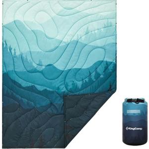 KingCamp Ultralight Camping Blanket, Packable Down Alternative Puffy Printed Wearable Blanket with Snap Buttons & Corner Loops Weatherproof Quilt for Outdoor Travel Stadium (79"L x 57W, CYAN)