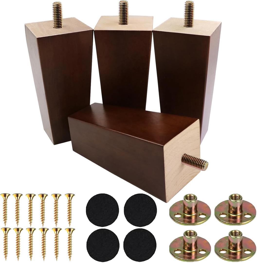6 Inch Mid-Century Modern Wood Furniture Legs, 4 Pack - Square Brown Couch Legs Replacement Legs for Sofa, Armchair,Table, Dresser, Cabinet, Bed, Chair, Bench, Nightstand and Ottoman