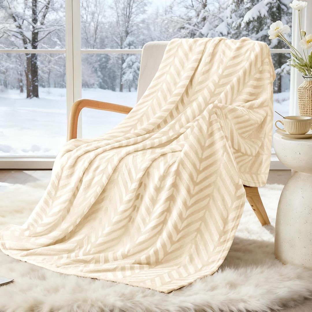 Whale Flotilla Flannel Fleece Throw Blanket for Couch Sofa Bed, Lightweight Breathable Soft Throws Plush Fluffy Chevron Design Decorative Blankets for All Season, 50x60 Inch, Ivory