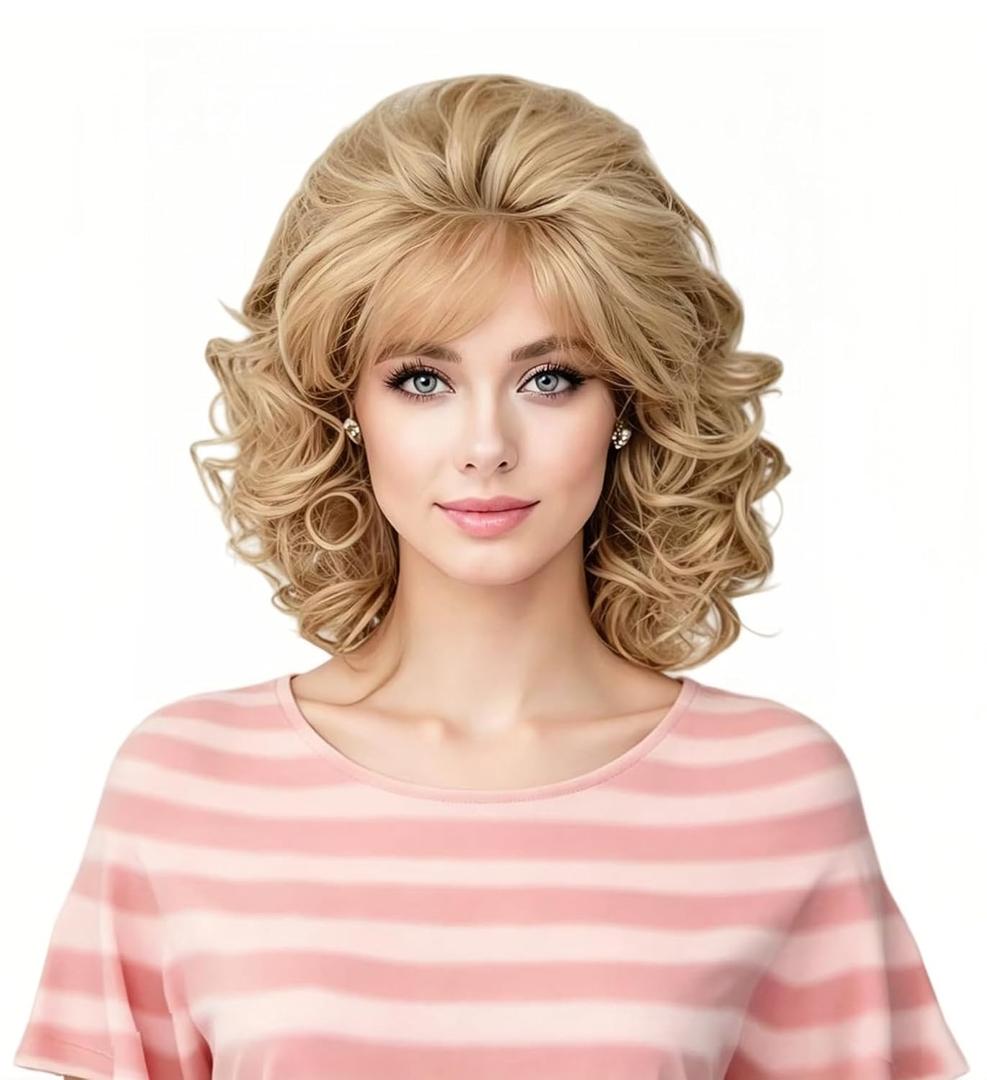 Rugelyss Vintage Short Blonde Beehive Wig with Bangs Curly Wavy Heat Resistant Synthetic Hair Wigs for Women fits 70s 80s Costume or Halloween and Party