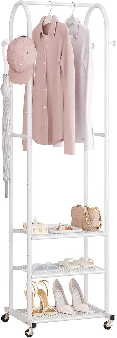 Hall Tree with Wheels and Hanging Hooks,Heavy-Duty Metal Coat Rack with Shoe Shelves,3-in-1 Narrow Entryway Storage for Small Space,Suitable for Hallway,Bedroom and Bathroom,White