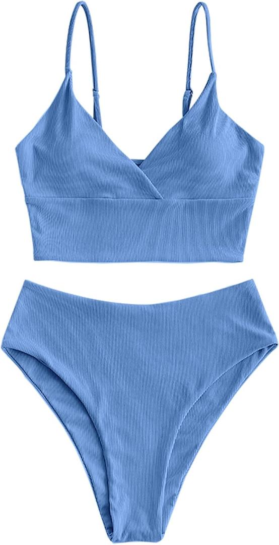ZAFUL Women Tankini Set, Ribbed High Cut Surplice Swimsuit Bathing Suit with Spaghetti Straps, Size: M