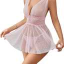 OYOANGLE Women's 2 Piece Polka Dots Lace Sheer Mesh V Neck Babydoll Teddy Lingerie Set (Large, Pink)
