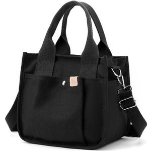 Small Canvas Tote Bag with Zipper, Canvas Multi-Pocket Crossbody Bag Purse Top Handle Satchel Handbags (Black)