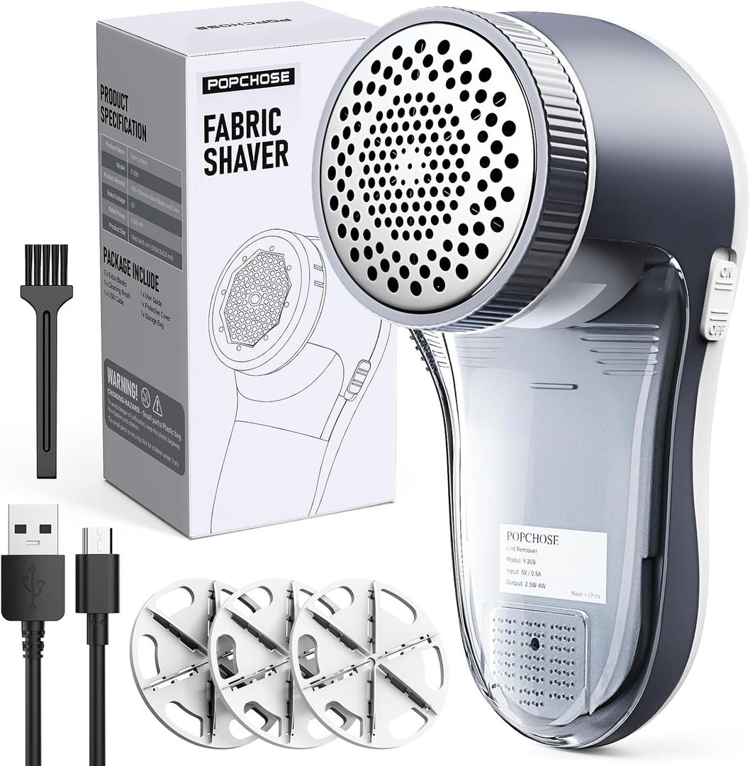 POPCHOSE Fabric Shaver, Lint Shaver for Clothing, Electric Lint Remover with 6-Leaf Blades, Sweater Shavers to Remove Pilling, Clothes Shaver for Couch, Furniture, Fuzz, Lint Ball, USB Rechargeable (Grayish White)