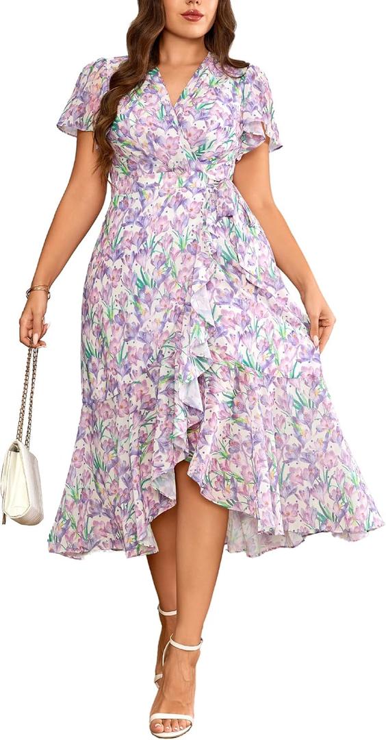 EYWOL Plus Size Wedding Guest Dress for Women, Floral Chiffon Midi Wrap Dress, Flutter Sleeve High Waist Flowy Summer Dresses (Purple, L)