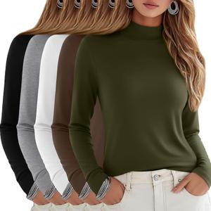 5 Pack Women's Cotton Mock Turtleneck Long Sleeve T-Shirts, Basic Tops Slim Fitted Stretch Underwear Layer Tee (XX-Large, Army Green, Mocha, White, Light Gray, Black)