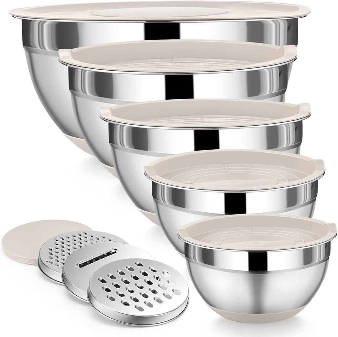 P&P CHEF Mixing Bowl with Lid Set, 5 Piece Stainless Steel Mixing Nesting Bowls for Salad Storage, 3 Grater Attachments & Non-Slip Bottoms, Size 1/1.5/2 / 2.6/4.6 QT, Khaki P&P CHEF Mixing Bowl with Lid Set, 5 Piece Stainless Steel Mixing Nesting Bowls for Salad Storage, 3 Grater Attachments & Non-Slip Bottoms, Size 1/1.5/2 / 2.6/4.6 QT, Khaki