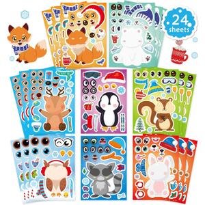 24 Sheets Winter Stickers for Kids Toddlers, Make-a-face Stickers Make Your Own Winter Animal Stickers, Winter Holiday Gifts Christmas Party Decorations Supplies