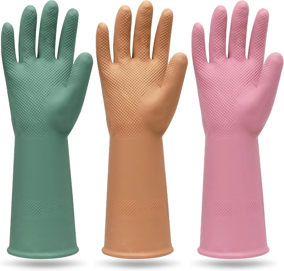 MAMISON 3 Pairs Colorful Rubber Dishwashing Gloves, Non-Slip Kitchen, L