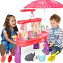 BELLOCHIDDO Water and Sand Table with Water Pumb & Umbrella - Summer Toys 3-Tier Kids Water Play Table, Outdoor Beach Toys with Cute Accessories (Pink)
