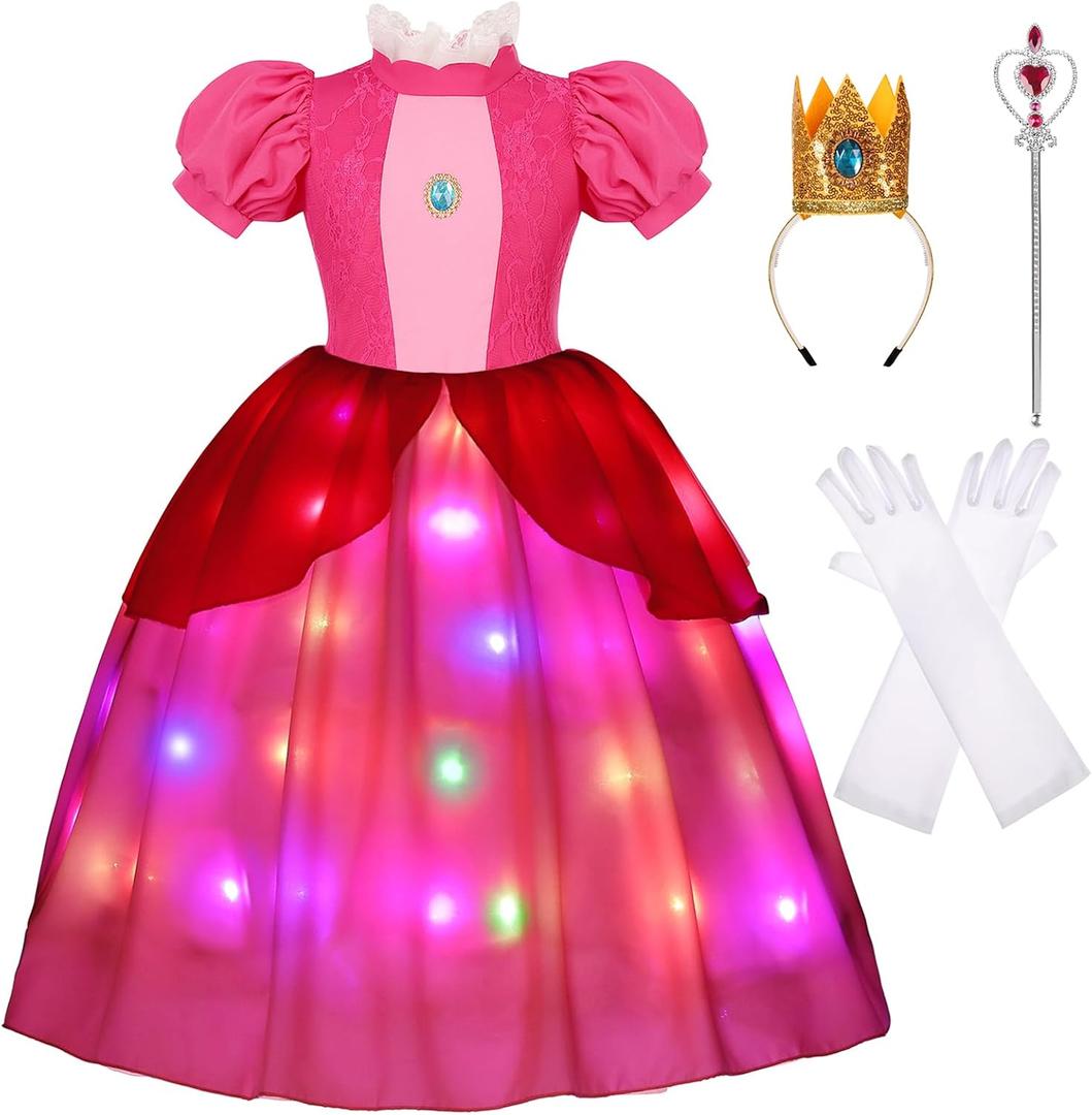 Girls Princess Dress Peach Costume Super Bros Kids LED Light Up Princess Dress for Deluxe Halloween Party Dress Up (9-10 Years)