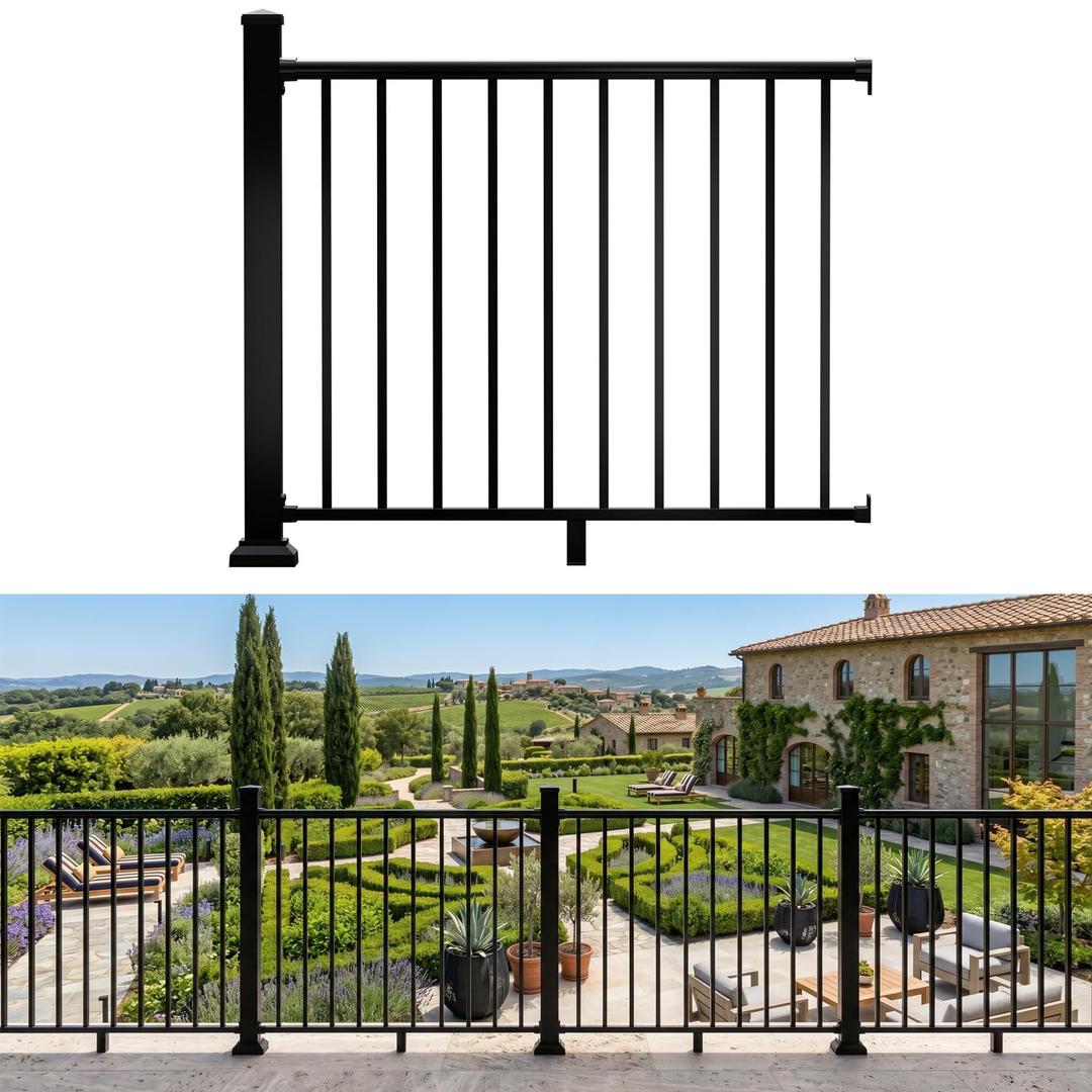 36 in. H x 4 ft. Heavy Duty BH Aluminum Straight Picket Railing with Post, Porch and Deck Railing Kit Supports Up to 800 Lbs, IBC Compliant and Certified, AAMA2604 Powder Coating, Textured Black