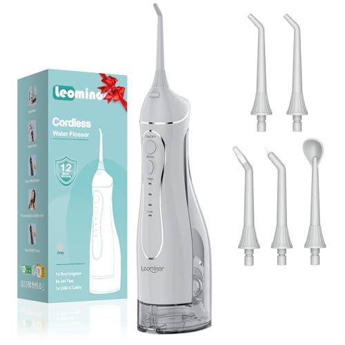 Leominor Water Dental Flosser Pick for Teeth, 300ML Portable Oral Irrigator Upgraded Tank Removable,IPX7 Waterproof, Rechargeable Travel Teeth Cleaner, Professional Electric Flossing Machine (Gray)