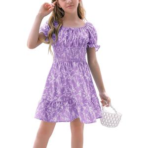 Goranbon Girls' Summer Floral Dress Kids 2025 Puff Sleeve Square Neck Smocked Flowy Sun Dresses (9-10 Years, A-sky Blue)
