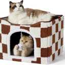 LE SURE Indoor Cat Beds Kitten House - Large Cat Cave for Pet Cube with Fluffy Ball Hanging, Foldable Small Animal Hideaway, 16.5x16.5x13 inches, Brown Checks