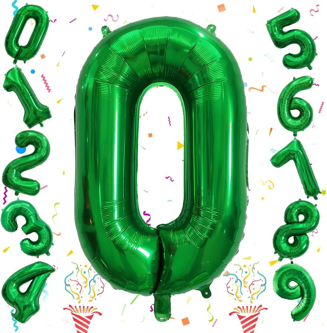 Dark Green Number Balloons for Kids, 40 Inch Foil Helium 0-9 Set Balloons, Self Inflating Big Number 0 Balloon for Boys Girls Age Birthday Party Baby Shower Anniversary Jungle Decoration Supplies