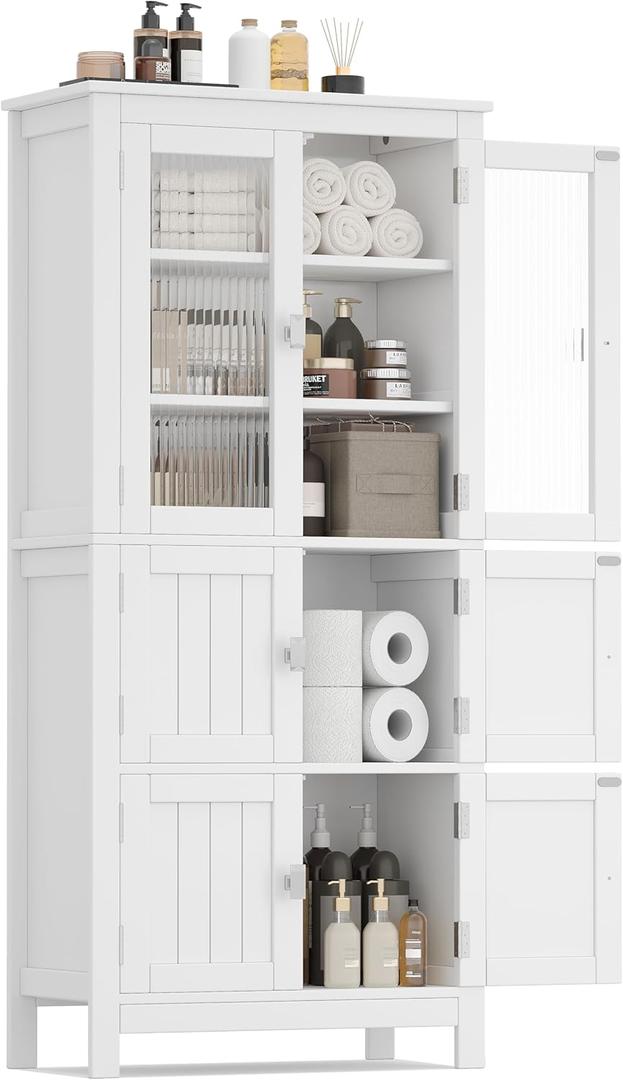Akxomel 53.1" H Tall Bathroom Storage Cabinet, Bathroom Floor Cabinet with 6 Doors and Adjustable Shelf, Linen Cabinet, Pantry Cabinet for Living Room, Kitchen, Entryway, White