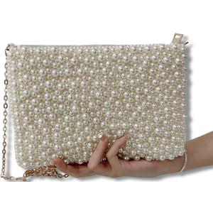 Geiomoo Pearl Purses with Chain, Luxury Glitter Crossbody Beaded Evening Shoulder Bag Sparkly Handbags for Women