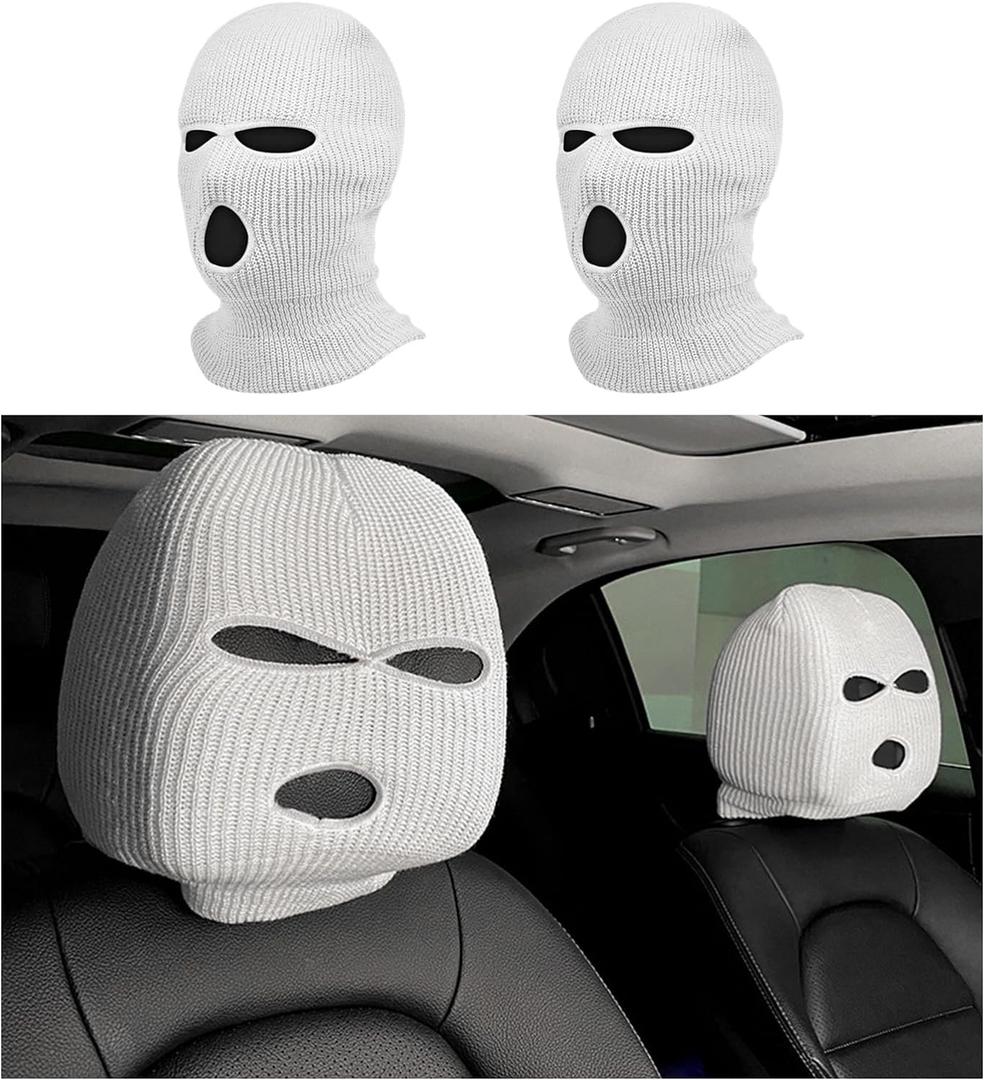 2 PCS Car Headrest Cover, Personalized Funny Car Seat Full Face Mask, Ski Mask Wrap Protection for Auto Front Seat Rest Decoration, Universal Interior Car Accessories (White)