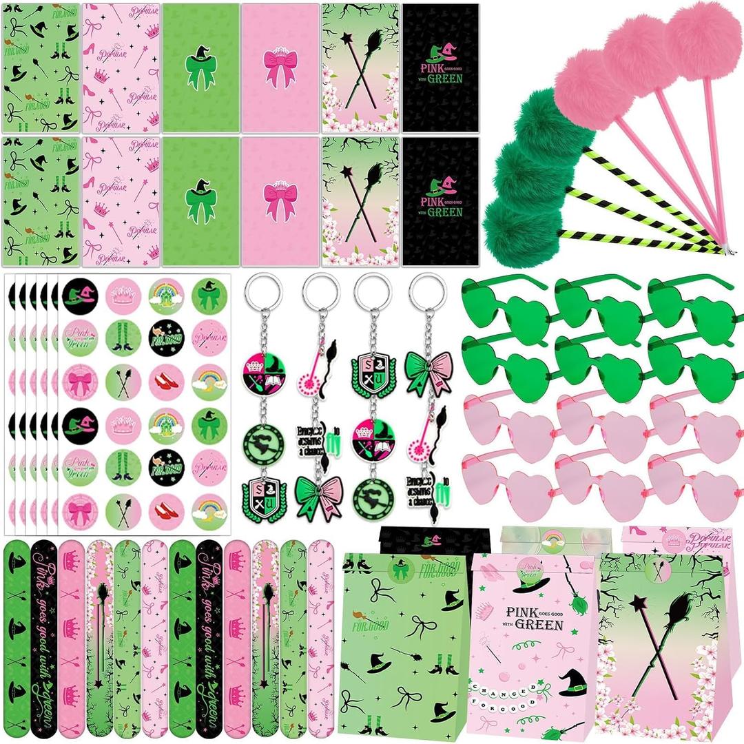 84pcs Pink and Green Witch Party Favors Birthday Decorations Pens Notepads Sunglasses Paper Gift Bag Key Chains Slap Bracelet Sticker Halloween Themed Party Supplies for Gift Party
