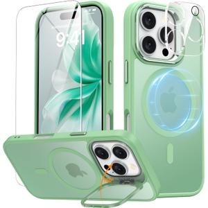 Magnetic & Stand for iPhone 16 Pro Case with 9H Screen & Lens Protector[Fit for Magsafe][Metal Kickstand][Colorful Frame] Translucent Matte Back Skin-Touch Case for iPhone 16 Pro (Green), Pack of 5
