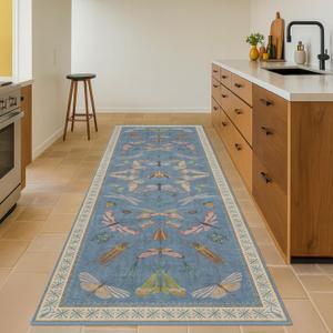 Blue Insect 2'6'' Wide 8' Long Hallway Runner Rug - Washable Kitchen Sink Rug, Non Slip Runner Rug for Entryway, Colorful Vintage Print Home Dcor