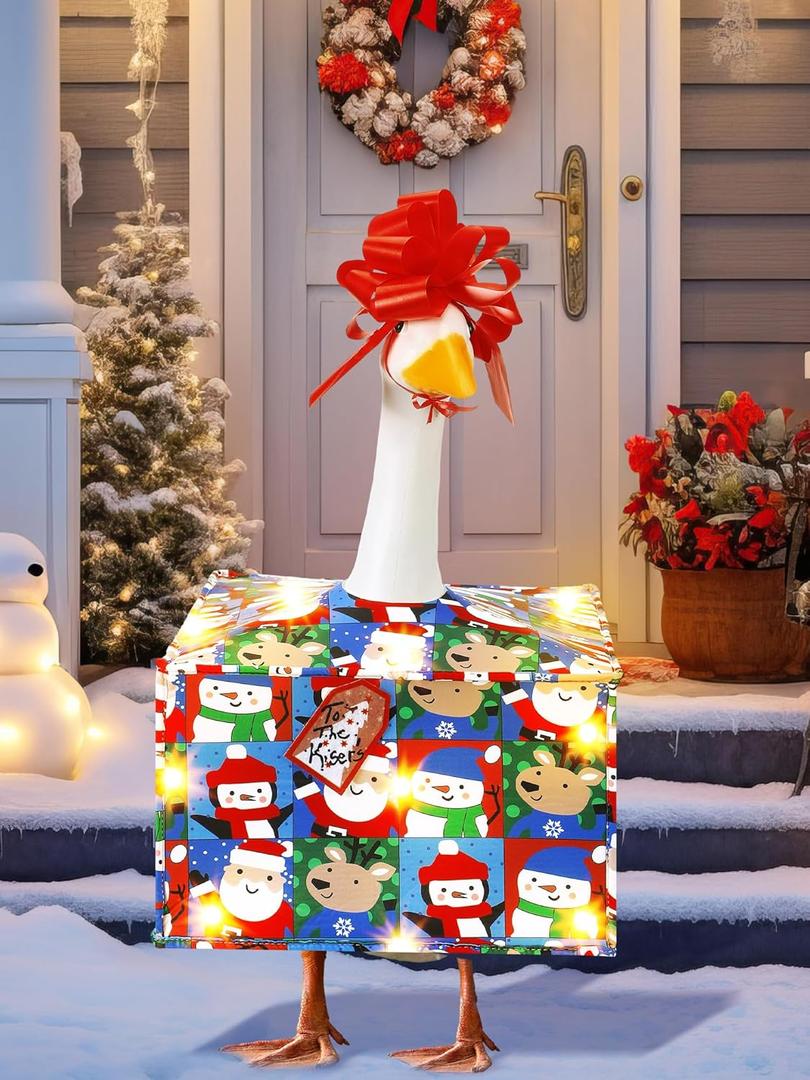 Outus Lighted Christmas Goose Costume Porch Gift Box Goose Outfit with Cute Bow Hat Snowman Santa Claus Elk LED Clothes for 23'' Cement Duck Christmas Lawn Outdoor Garden Yard Patio Decor