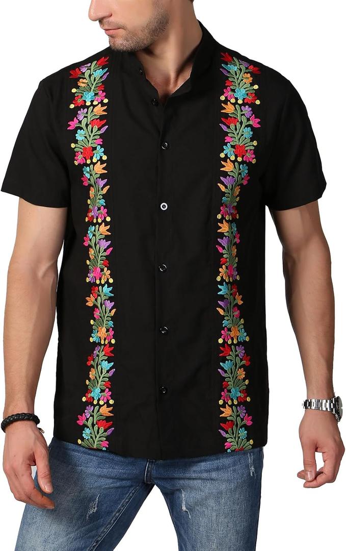 Mexican Shirts for Men Traditional Men's Guayabera Dress Shirts Mens Button Up Band Collar Dress Shirt Fiesta (XL- Black)