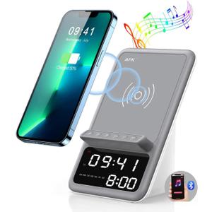 AFK Wireless Charging Station with Bluetooth Speaker and Alarm Clock, 4 in 1 Wireless Charger Compatible with iPhone16 15 14 13 12 11 Pro Max Series,Android Phones(Gray-White)
