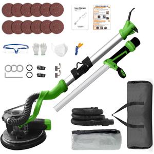 1050W Electric Drywall Sander with Vacuum, 7 Speeds (8002100RPM), Foldable & Extendable Handle, 12 Sanding Discs, for Walls, Ceilings, Floors (Green)
