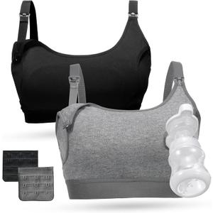 Momcozy Pumping Bra Hands Free, Pumping and Nursing Bra in One Holding Breast Pump for Spectra, Lansinoh, Medela, Black,Grey, 2pk, Large