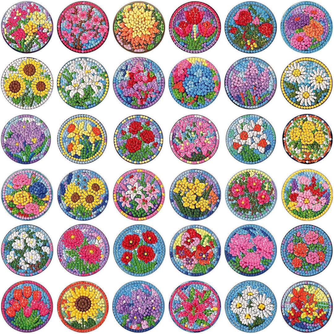 Saillong 36 Pcs Flower Diamond Painting Sticker 5d DIY Diamond Sticker Floral Painting Creative Decals Resin Rhinestone Gem Art Kits for Refrigerator Summer Home Crafts Adults Gift Decor