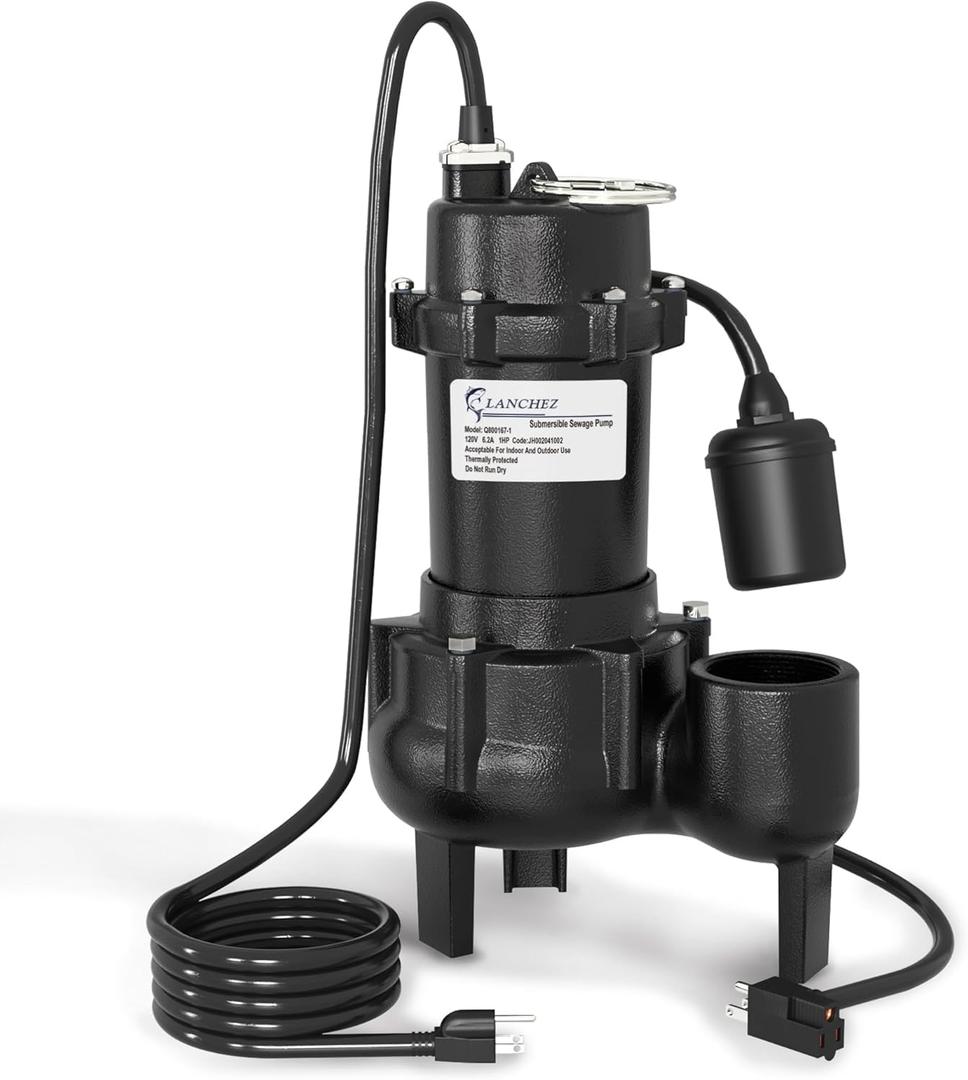LANCHEZ 1HP Submersible Sewage Effluent Pump, Cast Iron, 5644 GPH High Flow, Piggy Back Tether Float Switch, Heavy Duty Sump Pump for Sump Basin, Basement, Residential, 2" NPT Discharge