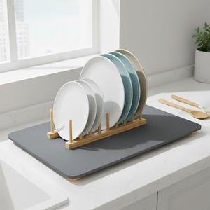 Stone Drying Mat for Kitchen Counter with 5 Wooden Feet &Bamboo Rack, 19.7"15.7" Diatomaceous Earth Dish Drying Mat, Elevated Drying Stone Mat for Modern Kitchen Countertop